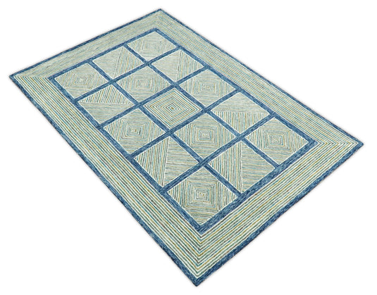 Custom Made Checkerboard Blue, Olive, Gray And Teal Hand Tufted Wool Area Rug