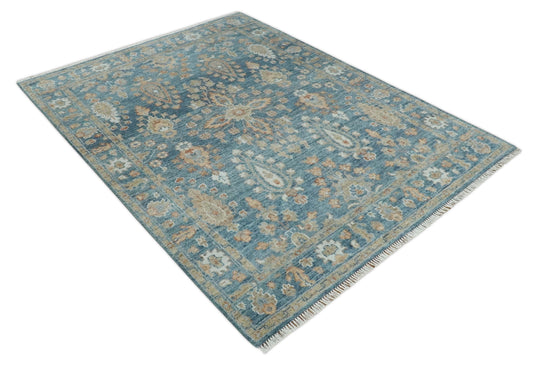 Custom Made Traditional Antique Blue And Beige Hand Knotted Oushak Wool Area Rug