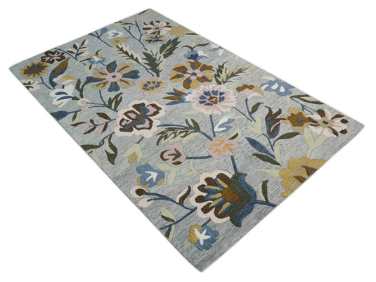 Custom Made Colorful Floral Pattern Gray, Peach, Ivory, Gold And Brown Hand Tufted  Wool Area Rug