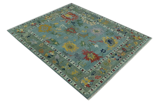 Custom Made Hand Knotted Blue and Moss Green Colorful Traditional Oushak Rug wool Area Rug