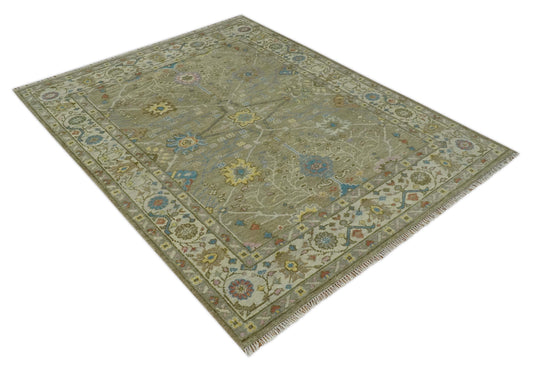 Custom Made Hand Knotted Olive, Blue And Yellow Traditional Floral Wool Area Rug