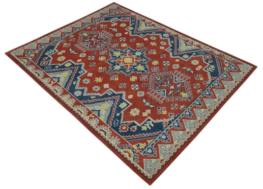 Tribal Pattern Rust, Blue and Silver Hand Knotted 8x10 ft wool Area Rug