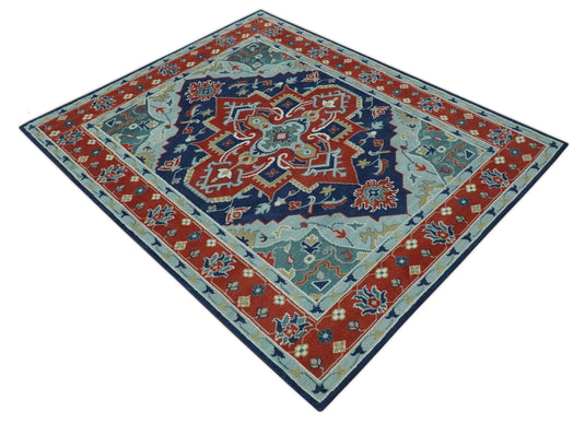 Custom Made Traditional Medallion Pattern Red, Blue, Teal and Olive Hand Knotted wool Area Rug