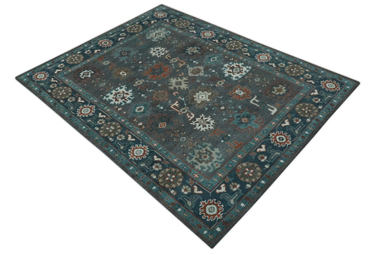 Custom Made Oriental Oushak Pattern Charcoal, Teal, Brown and Ivory Hand Knotted Wool Area Rug