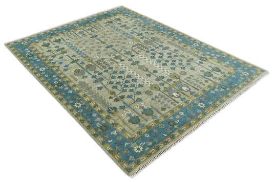 Custom Made Blue and Camel, Tree of Life Vintage Persian Hand Knotted Wool Area Rug