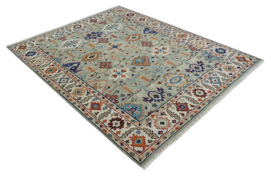 Custom Made Turkish Antique Green And Ivory Traditional Hand Knotted Oushak Wool Area Rug