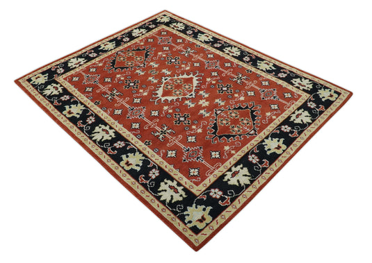 Traditional Pattern Red, Black, Light Beige And Ivory Hand Knotted 8x10 ft wool Area Rug