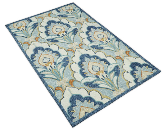 Custom Made Floral Design Gray, Blue, Ivory, Olive And Rust Hand Tufted Wool Area Rug