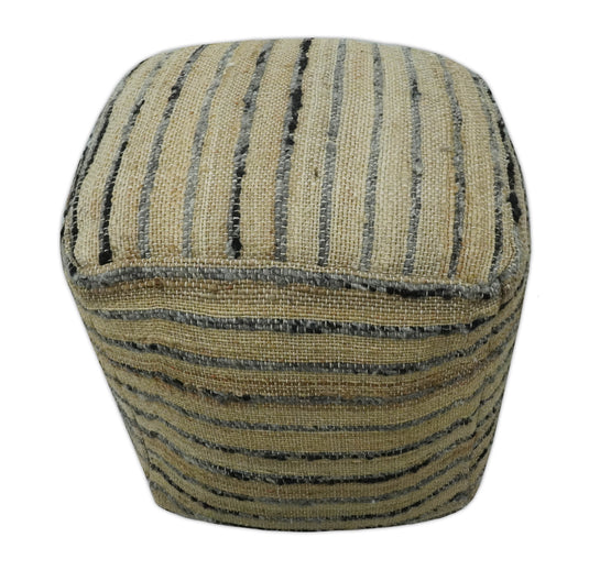 Charcoal And Beige Strip Wool And Jute Footstool, Seat, Foot Rest Living Room, Bedroom