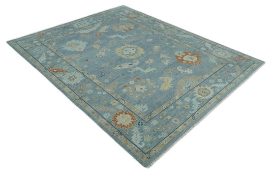 Custom Made Antique Floral Oushak Hand Knotted Gray, Beige, Blue And Rust Wool Area Rug