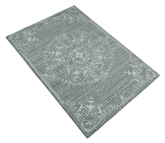 Custom Made Modern Floral Pattern Gray Hand Tufted Wool Area Rug