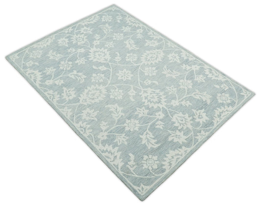 Custom Made Floral Pattern Ivory And Gray Hand Tufted Wool Area Rug