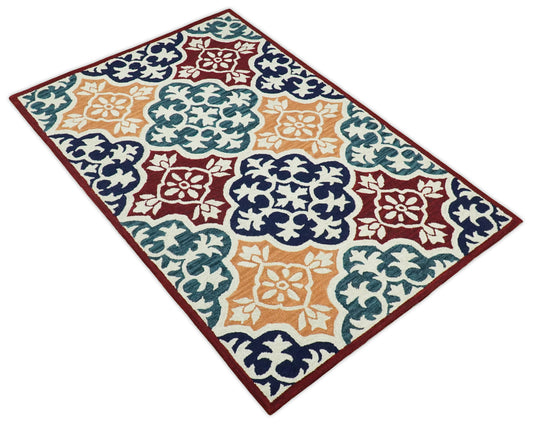 Custom Made Ivory, Maroon, Blue, Teal And Yellow Moroccan Hand Tufted Wool Area Rug