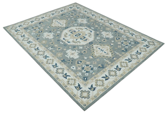 Custom Made Gray, Blue, Beige And Ivory Traditional Medallion Hand Tufted Wool Area Rug