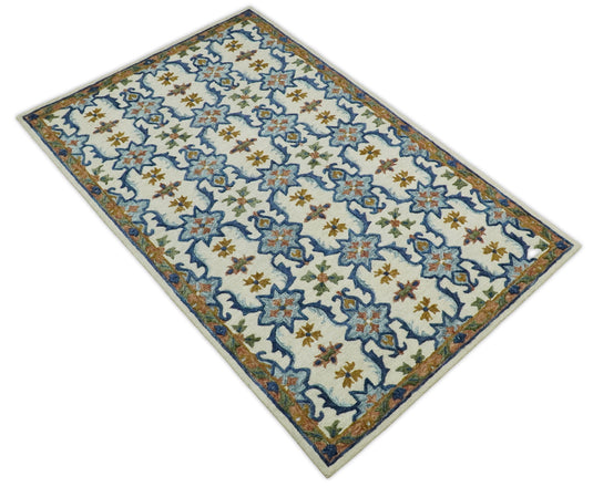 Custom Made Moroccan Trellis Ivory, Blue And Brown Hand Tufted Wool Area Rug