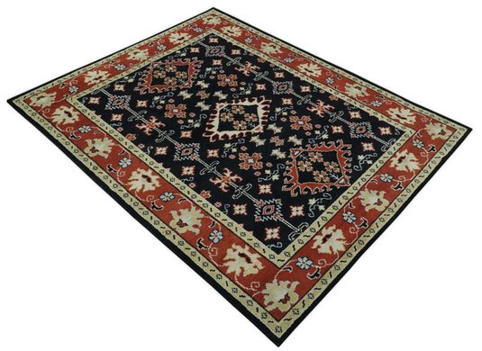 Custom Made Traditional Tribal Pattern Black, Rust And Ivory Hand Knotted Wool Area Rug