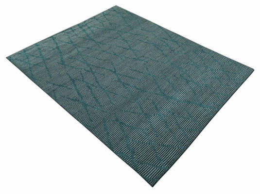 Custom Made Modern Horizontal Stripes Teal Hand Knotted Wool Area Rug