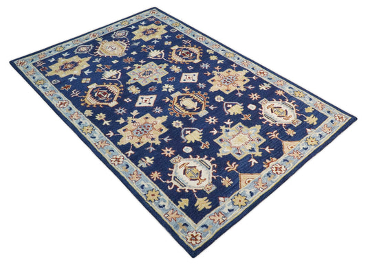 Custom Made Traditional Pattern Blue, Ivory, Gold And Rust Hand Tufted  Wool Area Rug