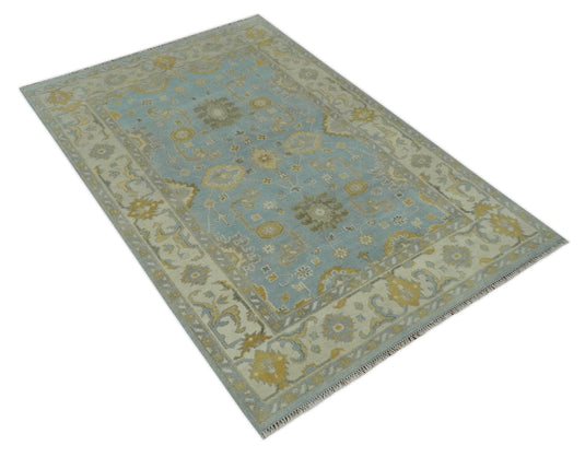 Custom Made Hand Knotted Traditional Oushak Blue, Beige, Gray And Gold Wool Area Rug