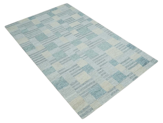 Custom Made Modern Checkerboard Pattern Gray, Charcoal, Ivory And Green Hand Tufted Wool Area Rug