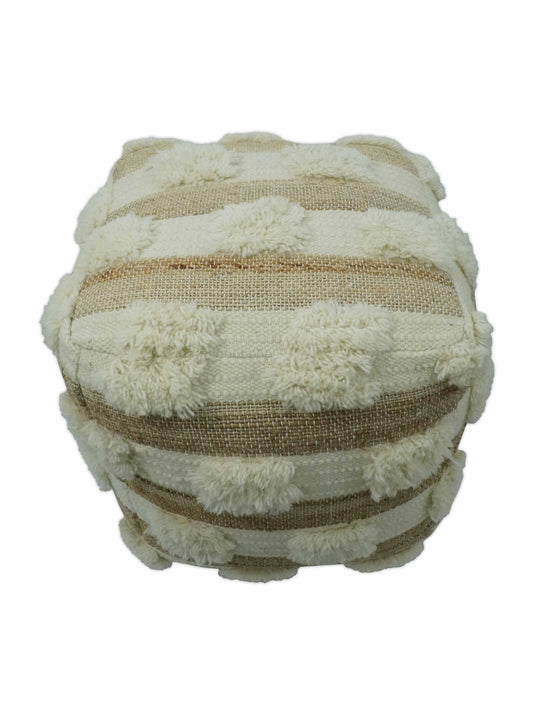 Modern Beige And White Jute And Wool Footstool, Seat, Foot Rest Living Room, Bedroom