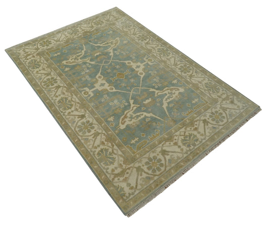 Hand Knotted Oriental Oushak Beige, Blue And Ivory Wool Rug 6x8.6 ft Ideal for Living, Bedroom And Dining Rooms | CP2360686