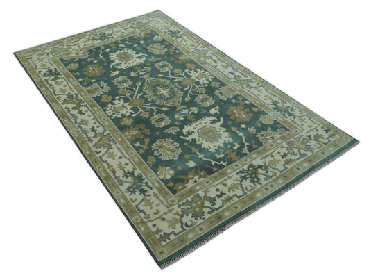 Custom Made Hand Knotted Classic Floral Motifs Oushak Rug Deep Green, Ivory And Olive Wool Area Rug