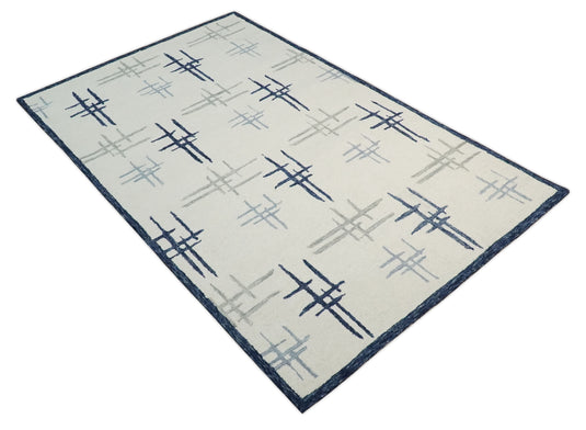 Custom Made Modern Crosses Pattern Ivory, Blue And Gray Hand Tufted  Wool Area Rug