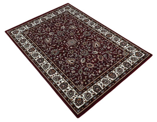 Traditional Floral Maroon, Ivory, Green And Gold Hand Woven 5x7 ft Bedroom, Living Room Rug Polyester Area Rug