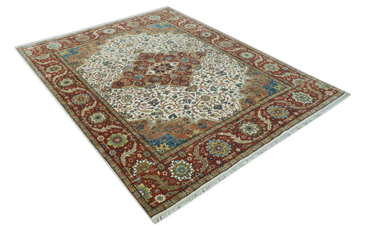 Hand Knotted Traditional Herati Ivory, Rust, Blue And Gold Wool Rug 8x10 ft Ideal for Living, Bedroom And Dining Rooms | CP2427810