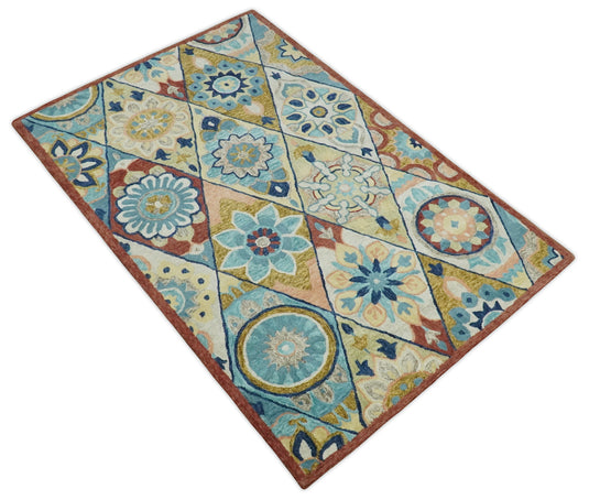 Custom Made Moroccan Trellis Pattern Multicolor Hand Tufted Wool Area Rug