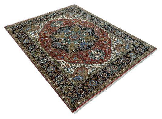 Hand Knotted Traditional Antique Herati Rust, Black, Teal And Olive Wool Rug 8x10 ft Ideal for Living, Bedroom And Dining Rooms | CP2454810