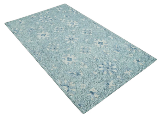 Custom Made Floral Pattern Blue, Ivory And Aqua Hand Tufted Wool Area Rug