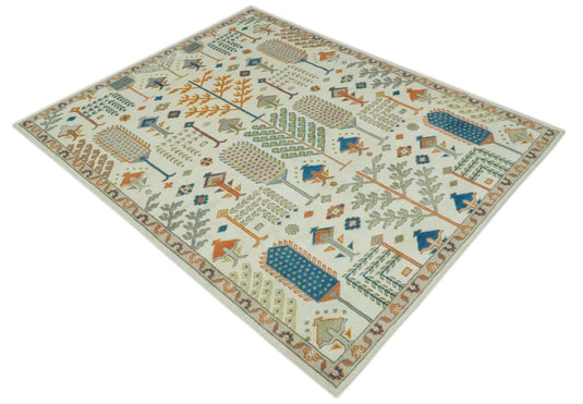 Tree Of Life Traditional Floral Ivory, Gray, Orange and Blue Hand Knotted 8x10 ft wool Area Rug