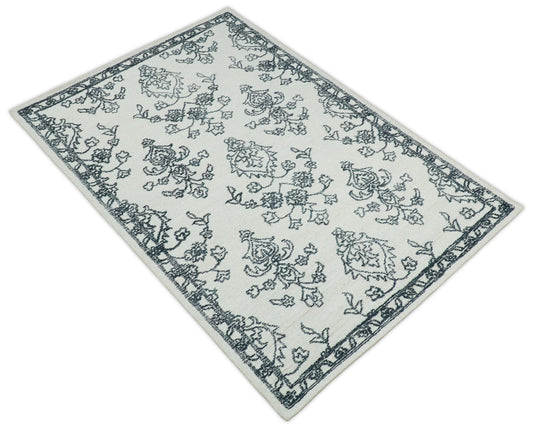 Custom Made Floral Pattern Black And White Hand Tufted Wool Area Rug