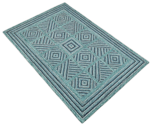 Custom Made Modern Geometric Teal, Charcoal And Ivory Hand Tufted Wool Area Rug