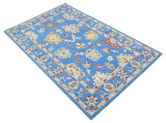 Custom Made Traditional Floral Blue, Camel And Maroon Hand Tufted  Wool Area Rug