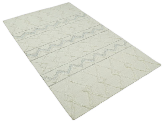 Custom Made Diagonal Stripes Ivory And Gray Hand Tufted Wool Area Rug