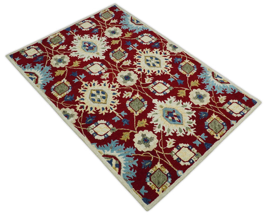 Custom Made Traditional Red, ivory And Blue Floral Hand Tufted Wool Area Rug