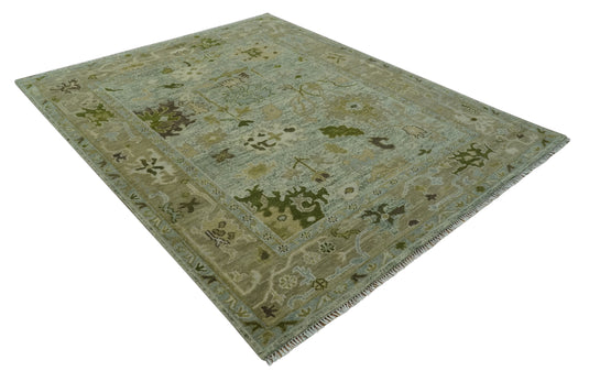 Custom Made Hand Knotted Floral Green And Gray Wool Area Rug