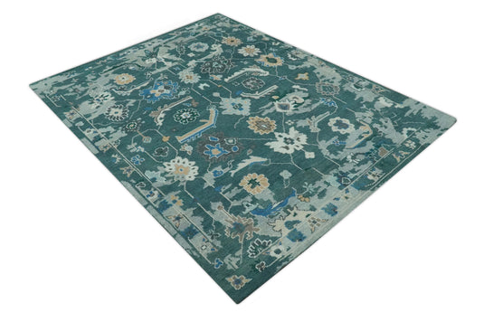 Custom Made Traditional Oushak Pattern Dark Teal, Blue And Beige Hand Knotted Wool Area Rug