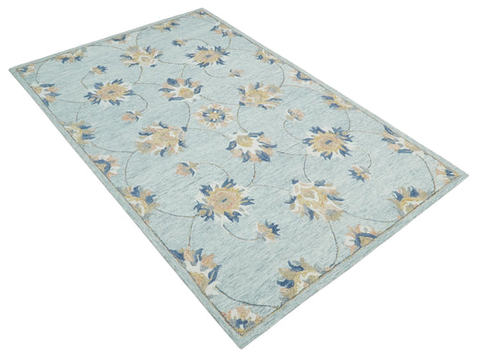 Custom Made Gray, Peach, Ivory And Blue Traditional Floral Hand Tufted Wool Area Rug