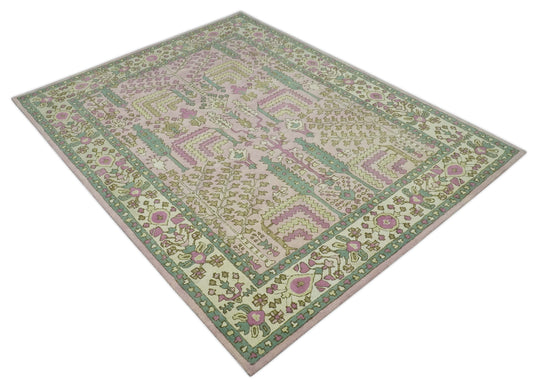 Tree Of Life Light Pink, Ivory, Beige And Green Hand Tufted 8x10 ft Bedroom, Living Room Rug Wool Area Rug