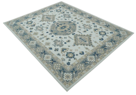 Custom Made Ivory, Beige, Gray And Blue Traditional Medallion Hand Tufted Wool Area Rug