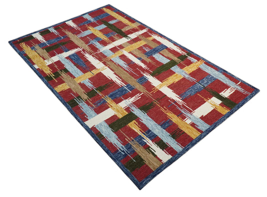 Custom Made Abstract Pattern Maroon, Ivory, Brown And Blue Hand Tufted  Wool Area Rug