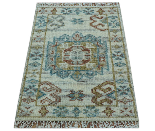 Hand Knotted 2x3 ft Transitional Ivory Wool Area Rug