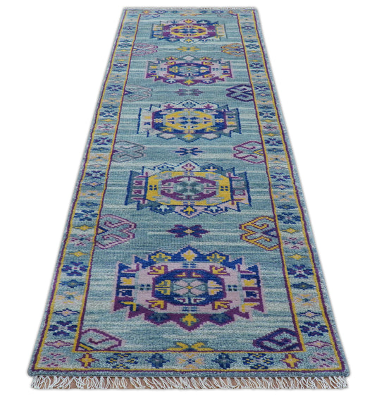 Traditional Geometrical Design 2.6x10 ft Hand Knotted Blue And Purple Wool Area Rug