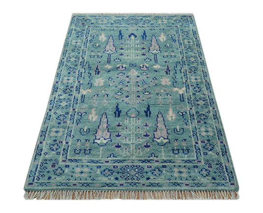 Traditional Tree of Life Design 4x6 ft Hand Knotted Teal And Blue Wool Area Rug