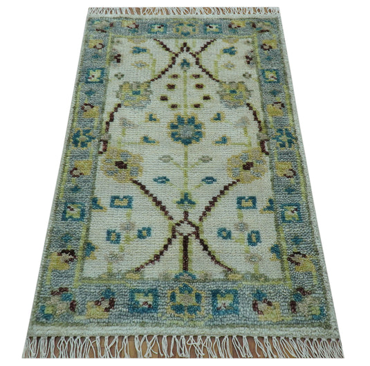 Traditional Oushak Design Ivory And Blue 2x3 ft Hand Knotted Wool Area Rug