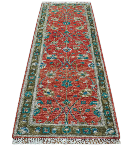 Traditional Oushak Design Red 2.6X8 ft Hand Knotted Wool Area Rug